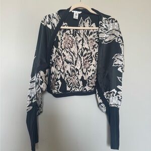 CAbi Black Satin Floral Bomber with Cream Accents
